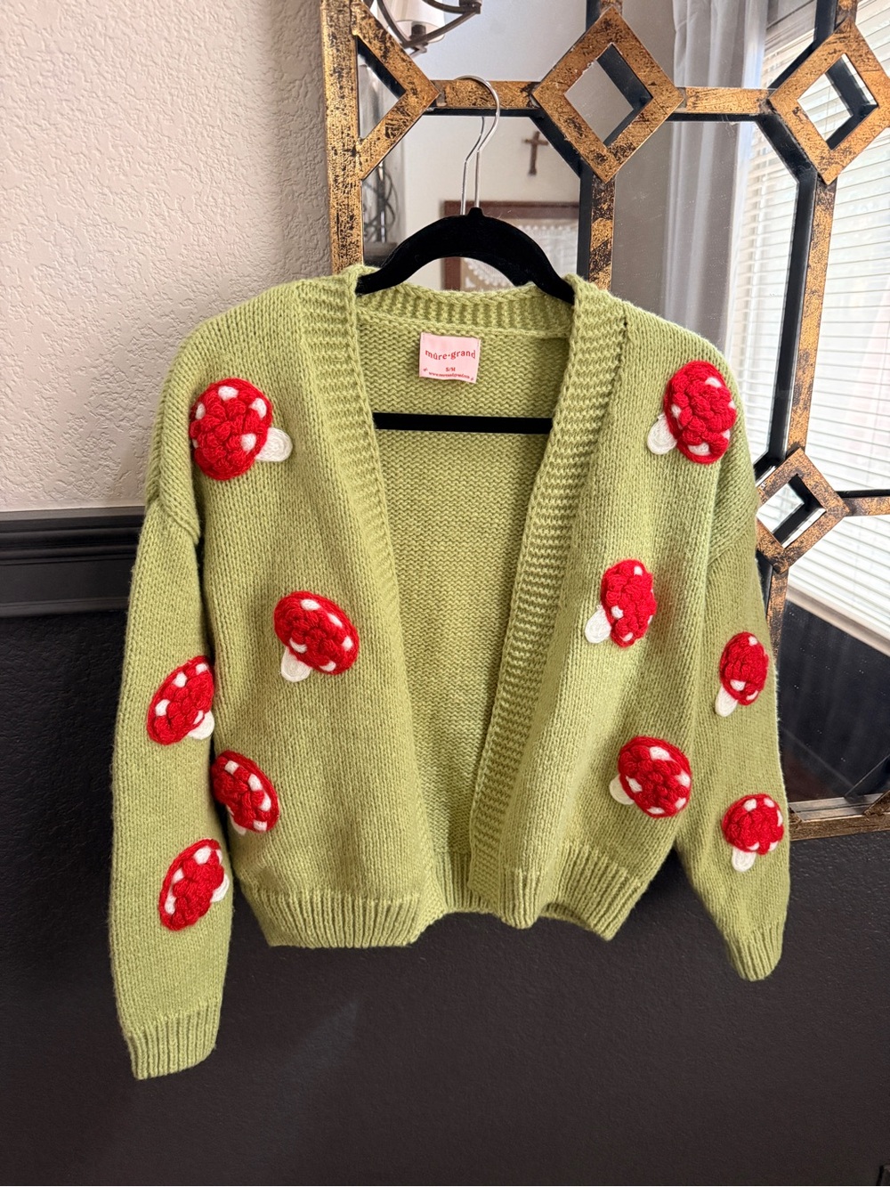 Mure Grand Green Mushroom Appliqué Cardigan Sweater - Womens